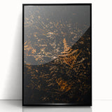 Large abstract wall art featuring swirling autumn hues on a framed acrylic print, suitable for modern living room decor.