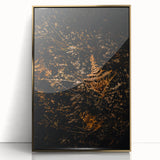 Large art print of a mid-century modernist autumn scene in gold and orange tones, framed acrylic.