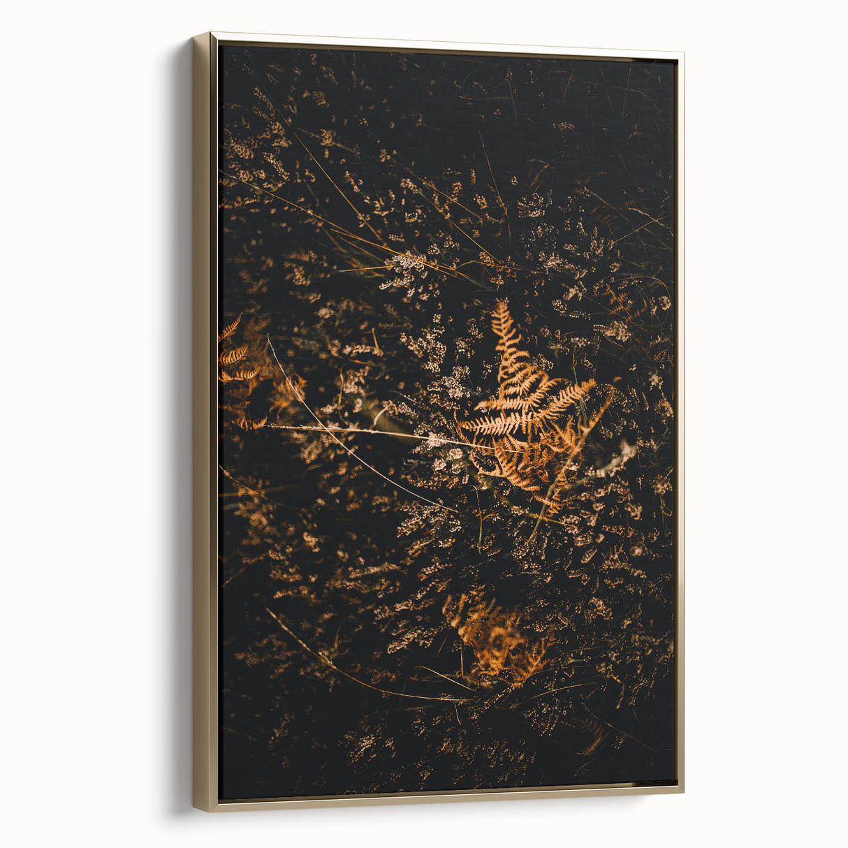 Framed canvas depicting a vintage-style autumn landscape with muted gold and black tones, ideal for bedroom wall decor.