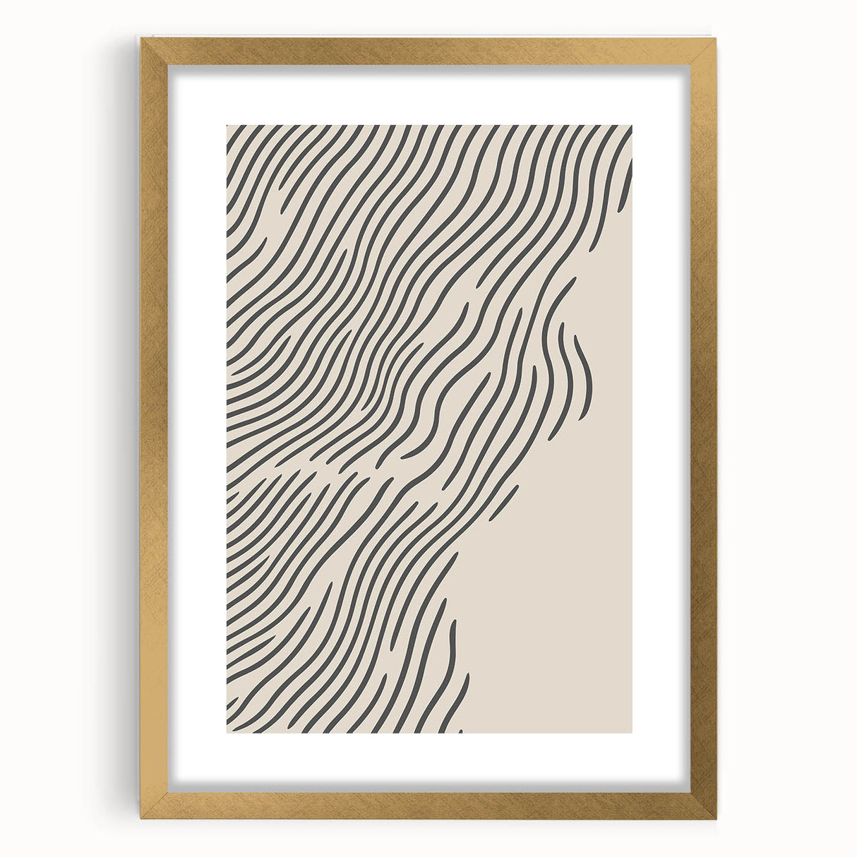 Extra large abstract art print with textured winter motifs in muted gray and white, framed in gold.