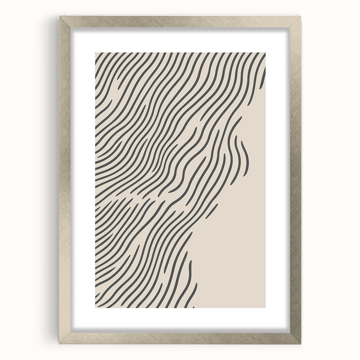 Textured abstract art print in cool blue and white tones, framed in silver, ideal for bedroom wall decor.