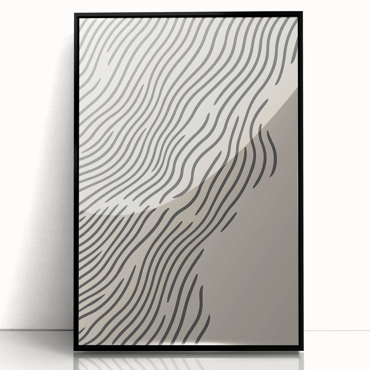 Large abstract wall art depicting a winter scene in muted blue and white tones, framed in black acrylic.