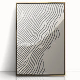 Large art print featuring a mid-century modernist winter scene with muted blue and white tones on a framed acrylic.