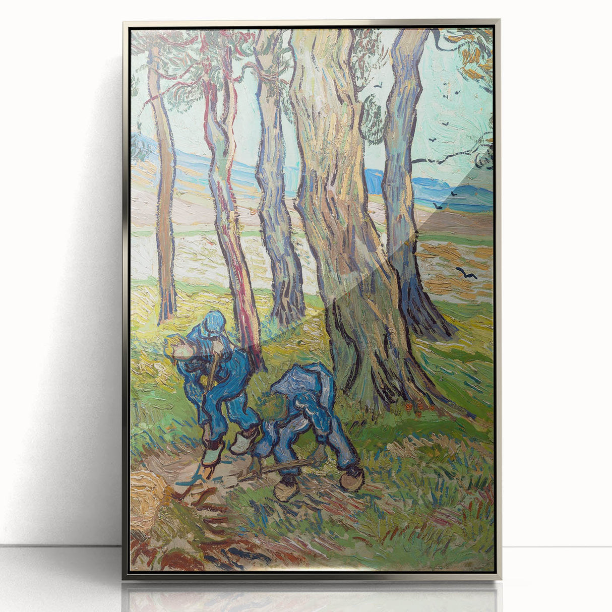 Large art print of Van Gogh's painting in a silver frame, featuring mid-century modernist style, ideal for nursery wall art.