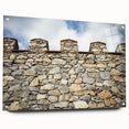 Side view of a stunning acrylic glass landscape artwork depicting a majestic castle, securely mounted with pins, showcasing vibrant colors and intricate details for a captivating visual experience.