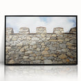 Framed acrylic artwork showcasing a stunning landscape of a medieval castle surrounded by lush greenery, presented in a sleek black frame, perfect for home decor.