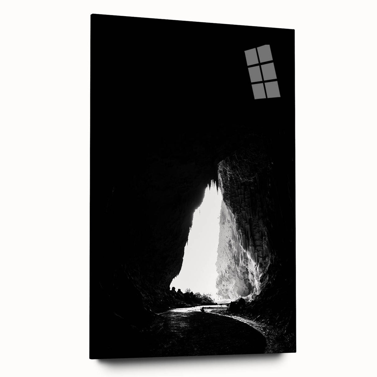 Acrylic glass artwork depicting a serene landscape with caves, showcasing vibrant colors and intricate details, perfect for modern home decor.