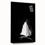 Acrylic glass artwork depicting a serene landscape with caves, showcasing vibrant colors and intricate details, perfect for modern home decor.