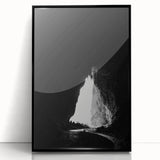 Framed acrylic artwork showcasing a stunning landscape with intricate cave formations, featuring a sleek black frame that enhances the visual appeal. Perfect for modern home decor.