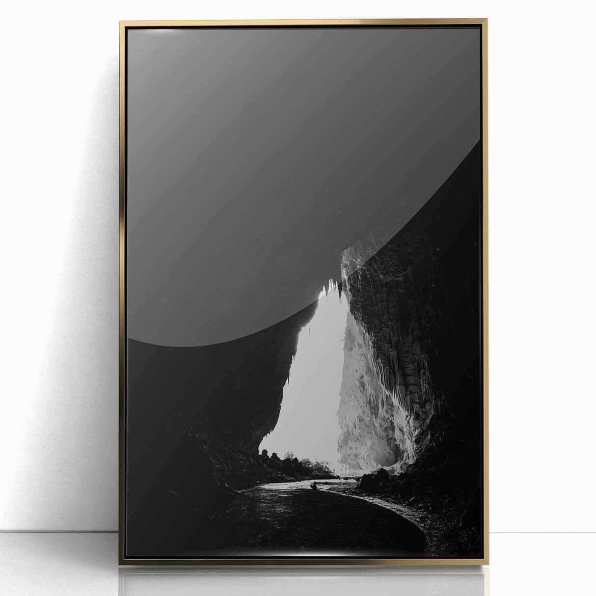 Framed acrylic artwork showcasing a stunning landscape with caves, featuring a gold border and a sleek front view, perfect for modern home decor.