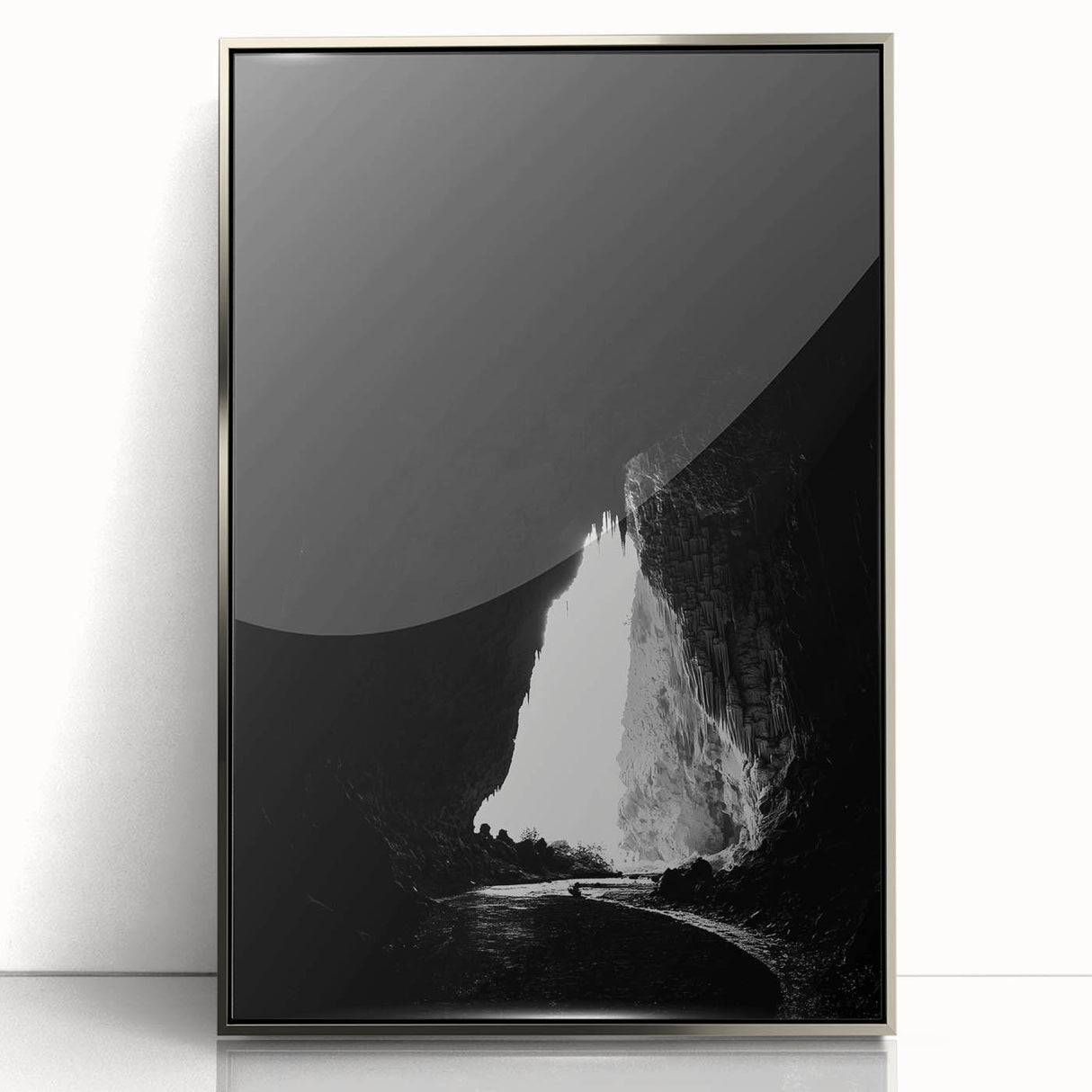 Framed acrylic artwork showcasing a stunning silver landscape with intricate cave formations, designed to enhance interior decor with modern elegance.