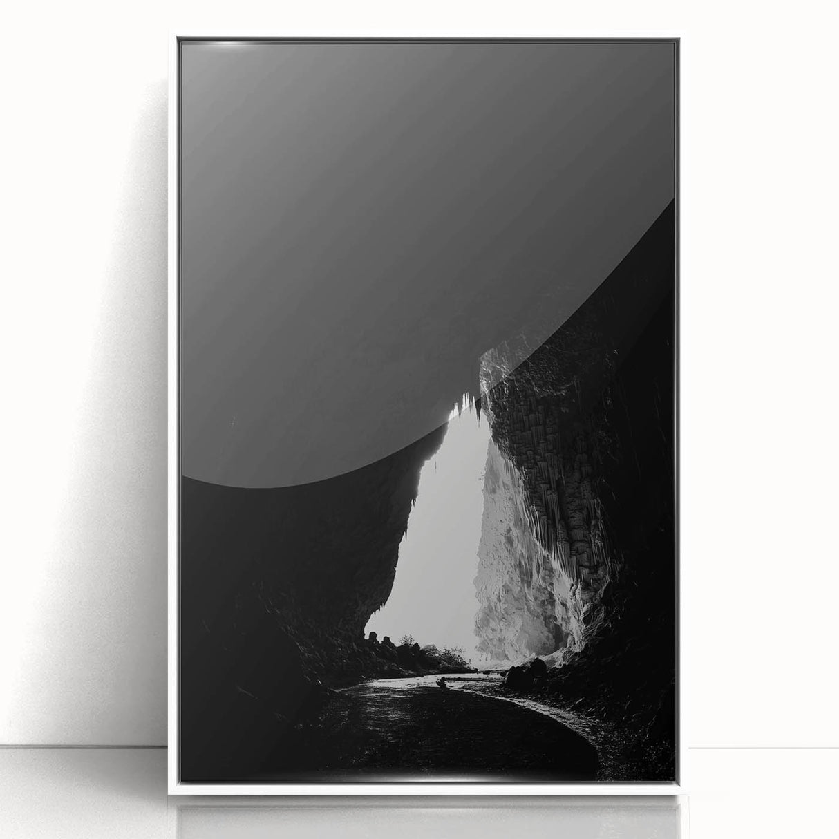 Framed acrylic artwork showcasing a stunning landscape with caves, featuring a white border and sleek front view, ideal for modern home decor.