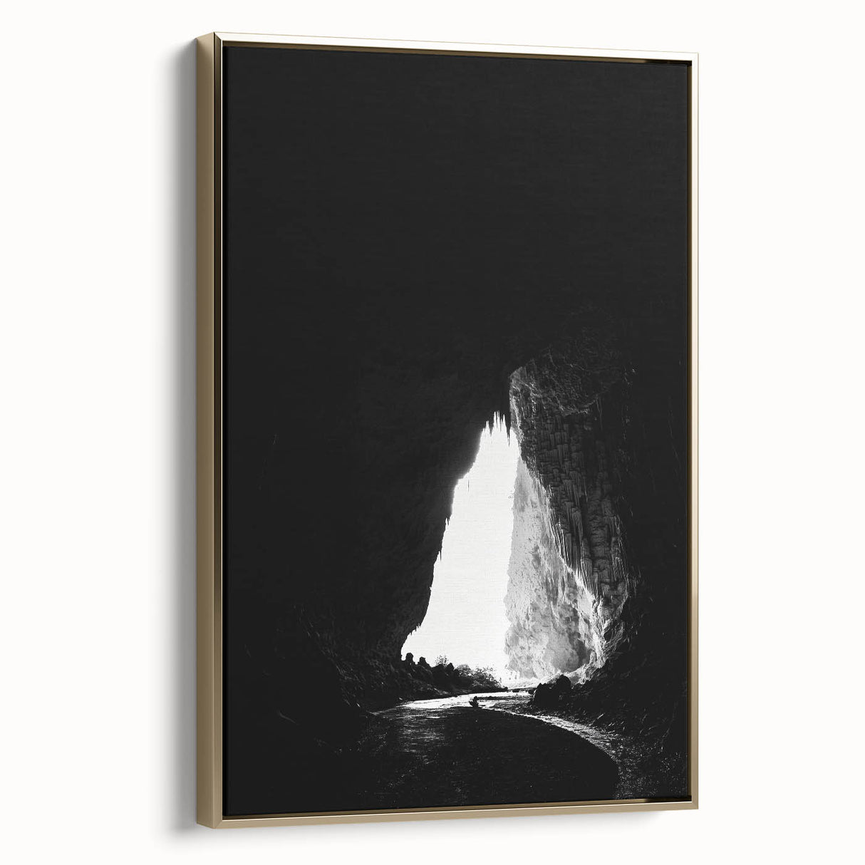 Framed canvas artwork of a stunning cave landscape, featuring rich gold accents and a side view showcasing its elegant design, perfect for home decor.