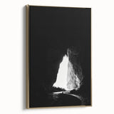 Framed canvas artwork of a stunning cave landscape, featuring rich gold accents and a side view showcasing its elegant design, perfect for home decor.