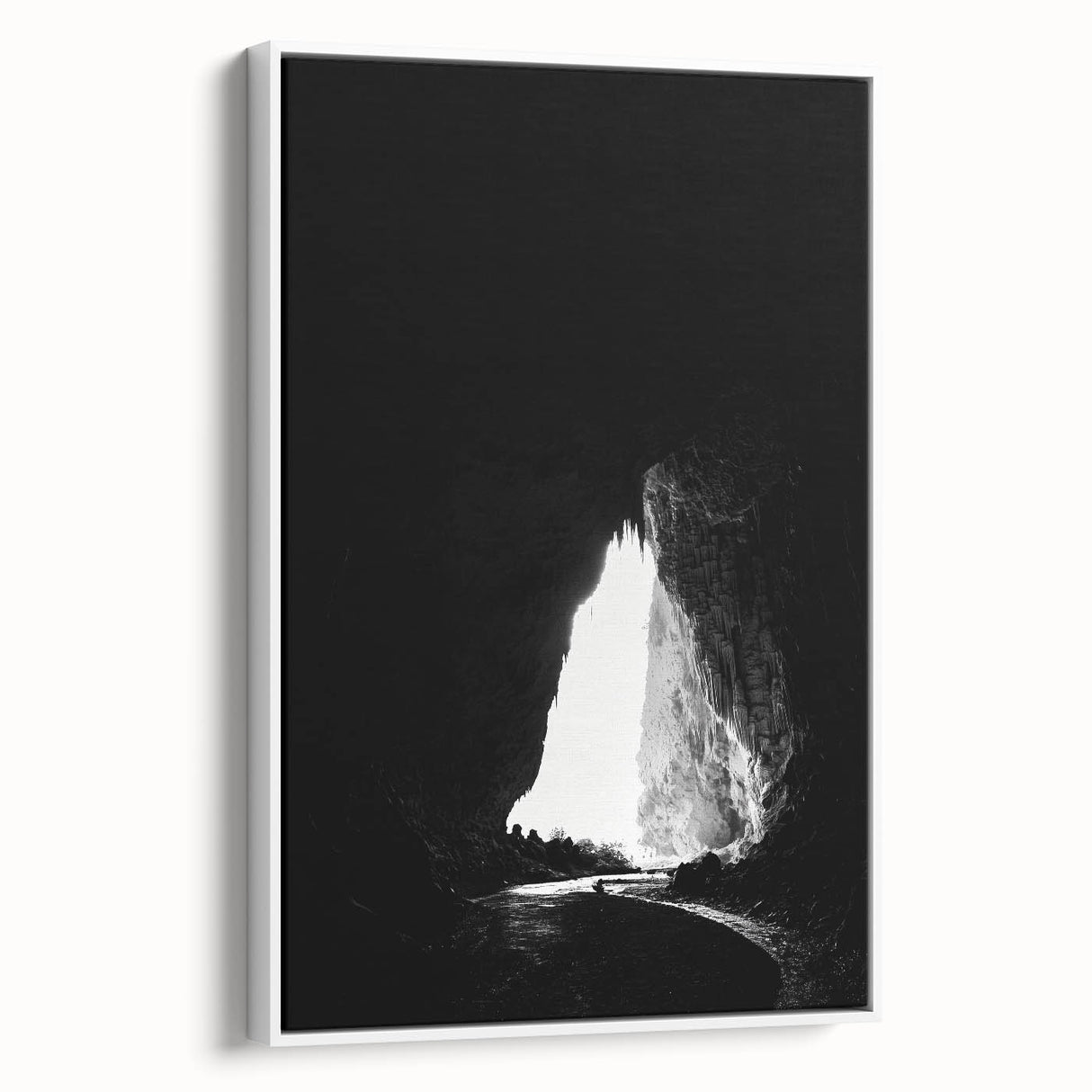 Framed canvas artwork depicting a serene landscape with caves, showcasing earthy tones and intricate details, ideal for enhancing home decor with a touch of nature.