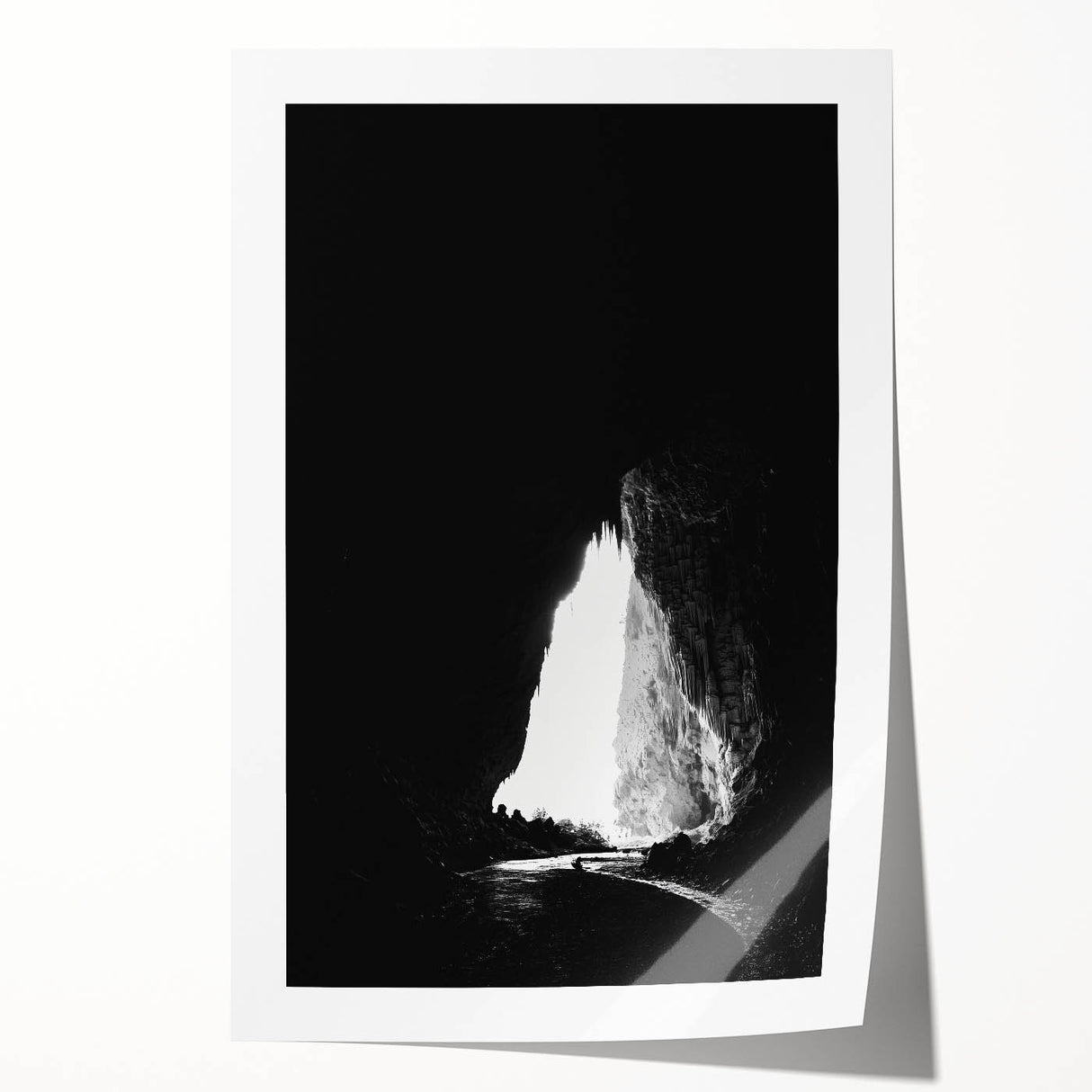Stunning rolled print of a serene cave landscape, showcasing earthy tones of browns and greens, perfect for home décor or nature-themed art collections.