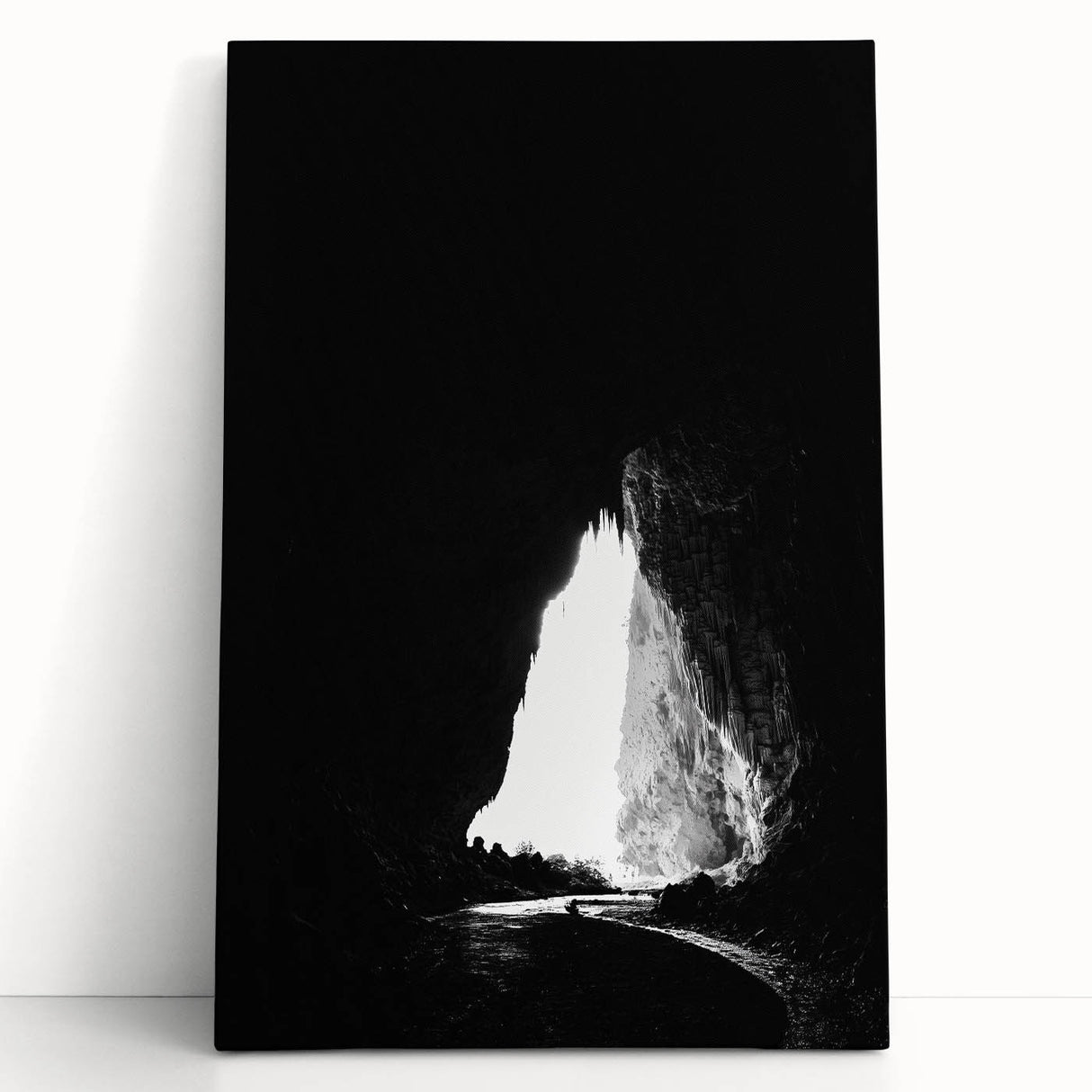Stretched canvas artwork depicting a vibrant landscape with caves, showcasing earthy tones and rich textures, perfect for home decor or art enthusiasts.
