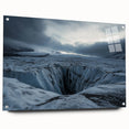 Vibrant acrylic landscape artwork depicting dramatic cliffs, displayed in a sleek glass frame with stylish pins, perfect for modern home decor.