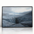 Framed acrylic artwork depicting a dramatic landscape with towering cliffs and a vibrant sky, showcasing rich colors and intricate details, perfect for modern decor.