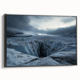 Framed canvas artwork depicting a dramatic cliff landscape in vibrant colors, showcasing intricate details and textures, with a sleek black frame enhancing its elegance. Perfect for modern home decor.