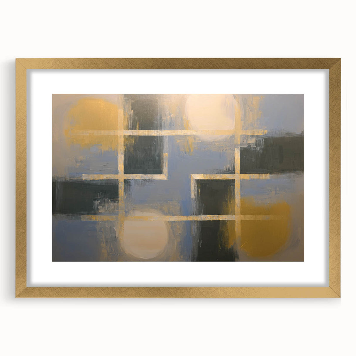 Abstract geometric frame with a matte gold finish, showcasing a modern design suitable for home decor. Ideal for contemporary art enthusiasts looking to elevate interior aesthetics.