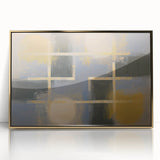 Framed acrylic wall art showcasing an abstract geometric design in gold tones, perfect for modern home decor. Ideal for enhancing contemporary living spaces.