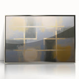 Framed abstract geometric artwork in silver acrylic, showcasing intricate shapes and patterns. Ideal for modern decor, adding sophistication to any space.