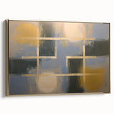 Abstract geometric framed canvas art showcasing gold tones and intricate patterns, perfect for modern home decor. Side view highlighting the sleek frame and vibrant design.