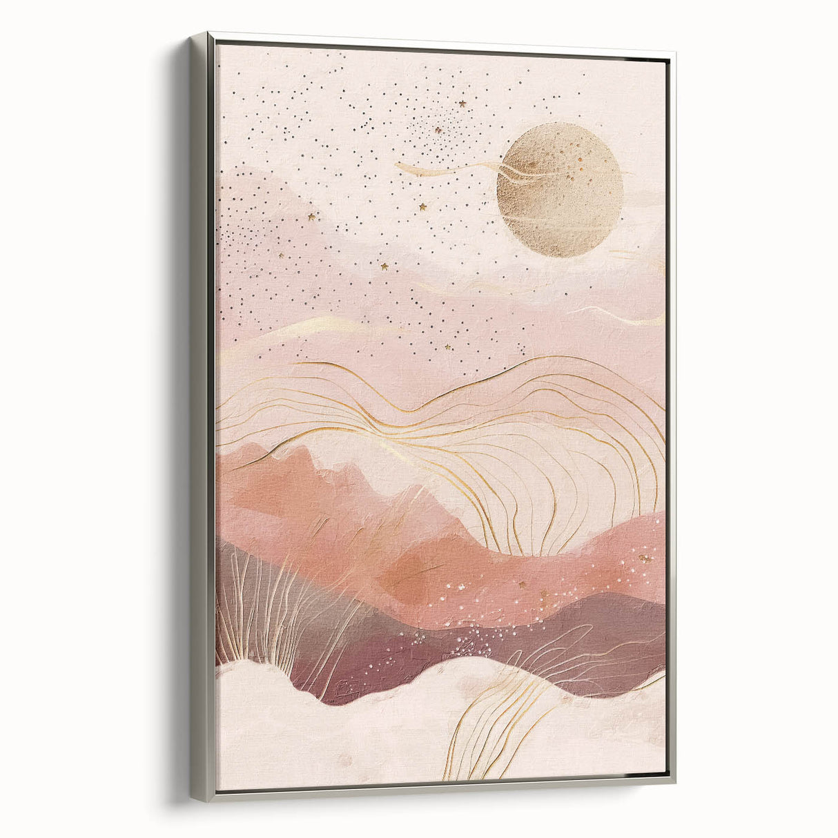 Framed canvas wall art showcasing an abstract landscape design with silver accents, displayed from the side to highlight its textured finish and elegant framing.