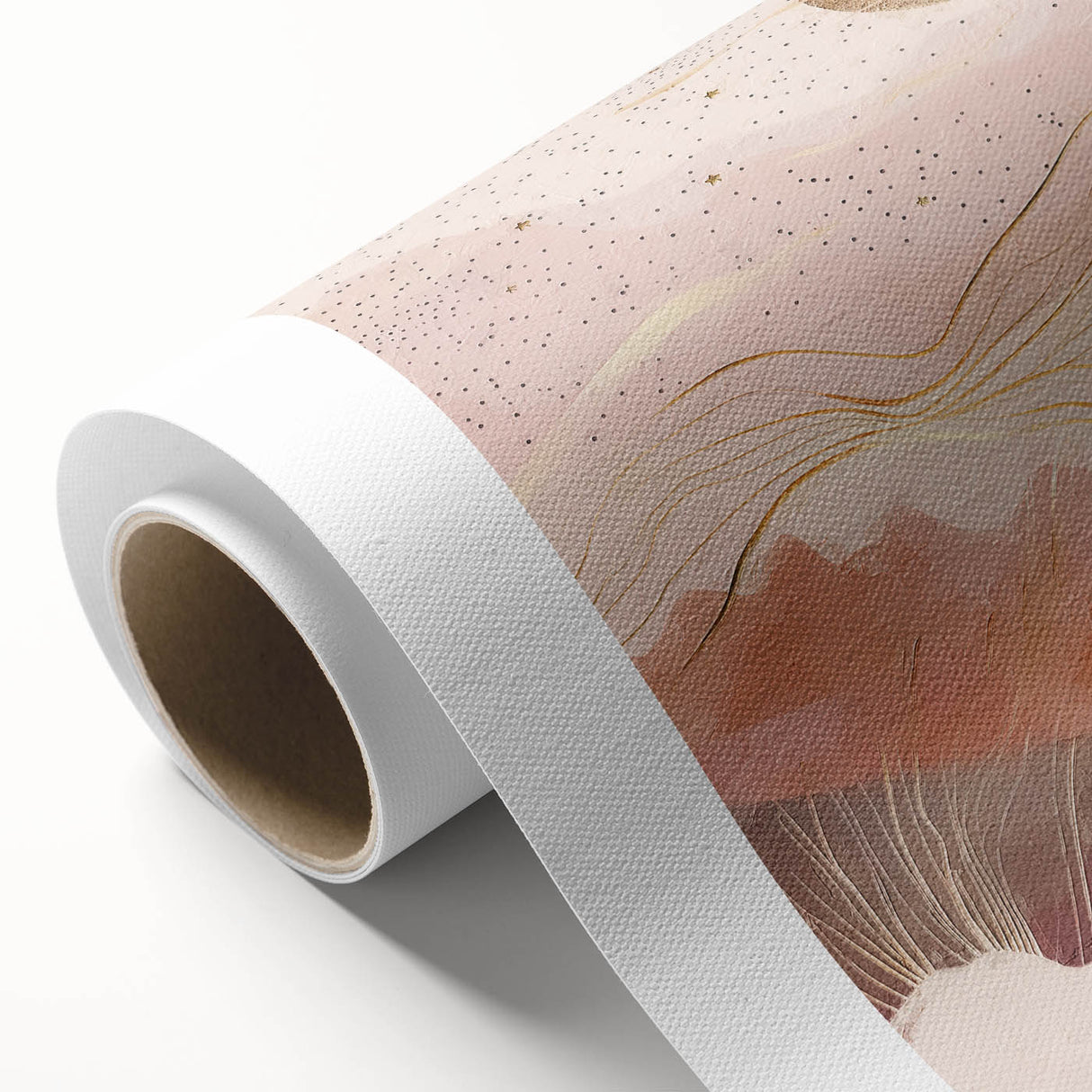 Abstract landscape wall art on rolled canvas, showcasing vibrant colors and fluid shapes, perfect for modern home decor. Packaged securely in a cardboard tube for safe delivery.