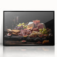 Large abstract wall art featuring assorted food dishes in mid-century modernist style, displayed in a black acrylic frame.