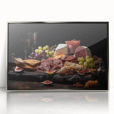 Mid-century modernist art featuring an array of colorful food dishes on a silver-framed acrylic print.