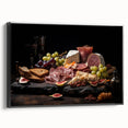 Black and white vintage poster art of assorted dishes on a framed canvas, suited for bedroom wall decor.