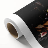 Art deco poster featuring an array of colorful food dishes on rolled canvas.