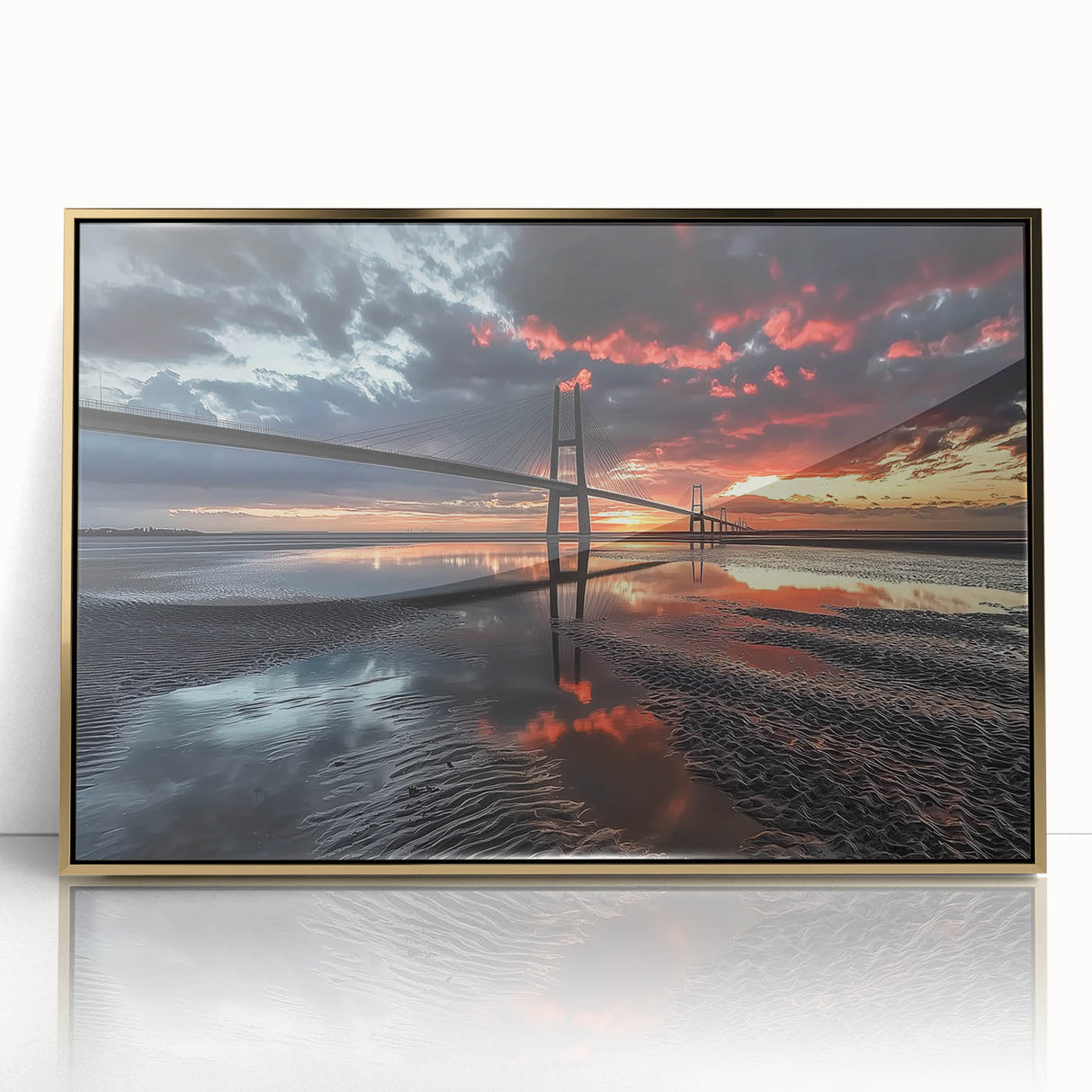 Framed acrylic art piece depicting a stunning landscape bridge with golden hues, perfect for modern home decor and adding a touch of elegance. Ideal for art enthusiasts.