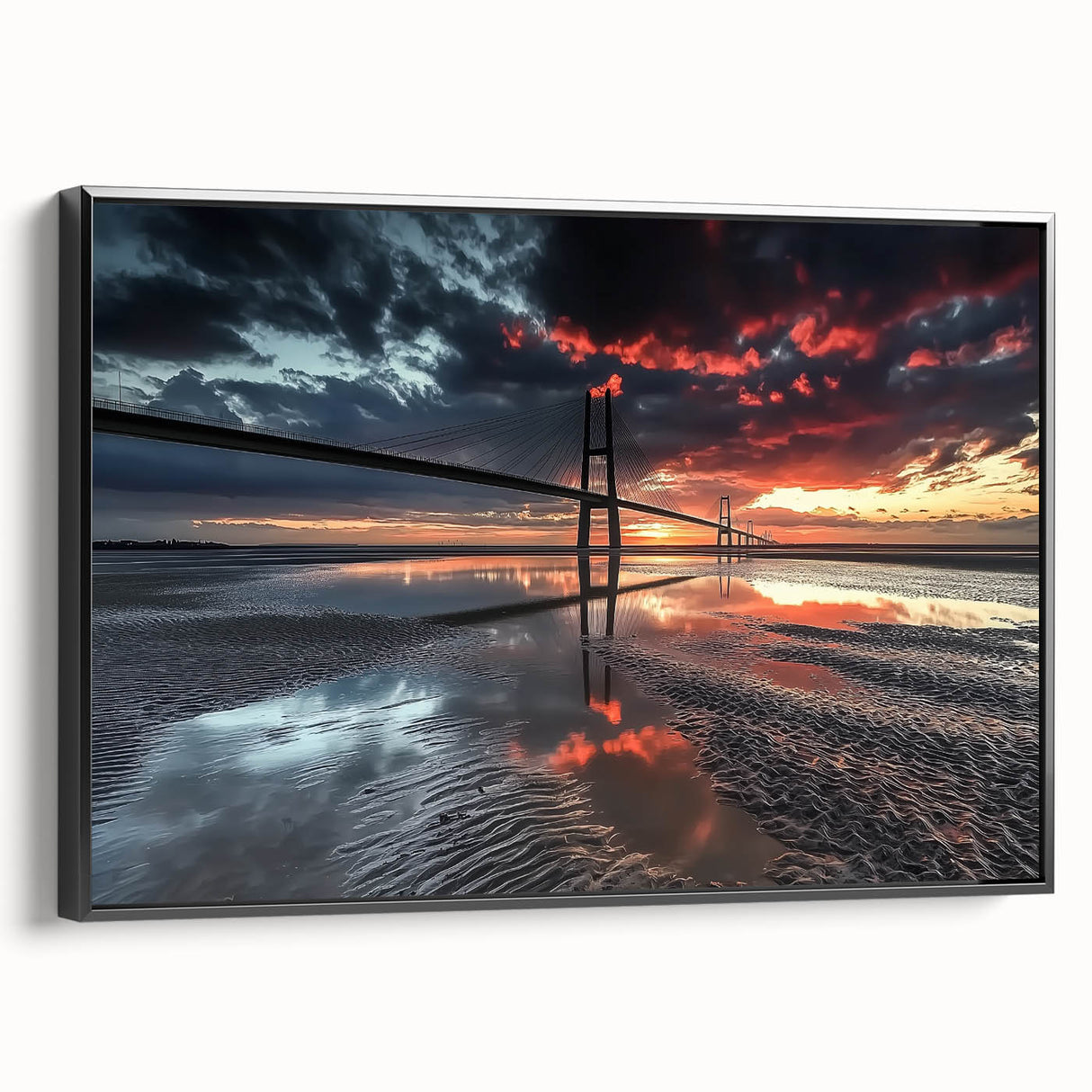 Framed canvas art depicting a landscape bridge in a serene setting, featuring rich colors and intricate details, ideal for home decor or office spaces.