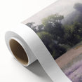 Landscape wall art on rolled canvas depicting a serene countryside scene with lush green fields and a vibrant blue sky, ideal for home decor.