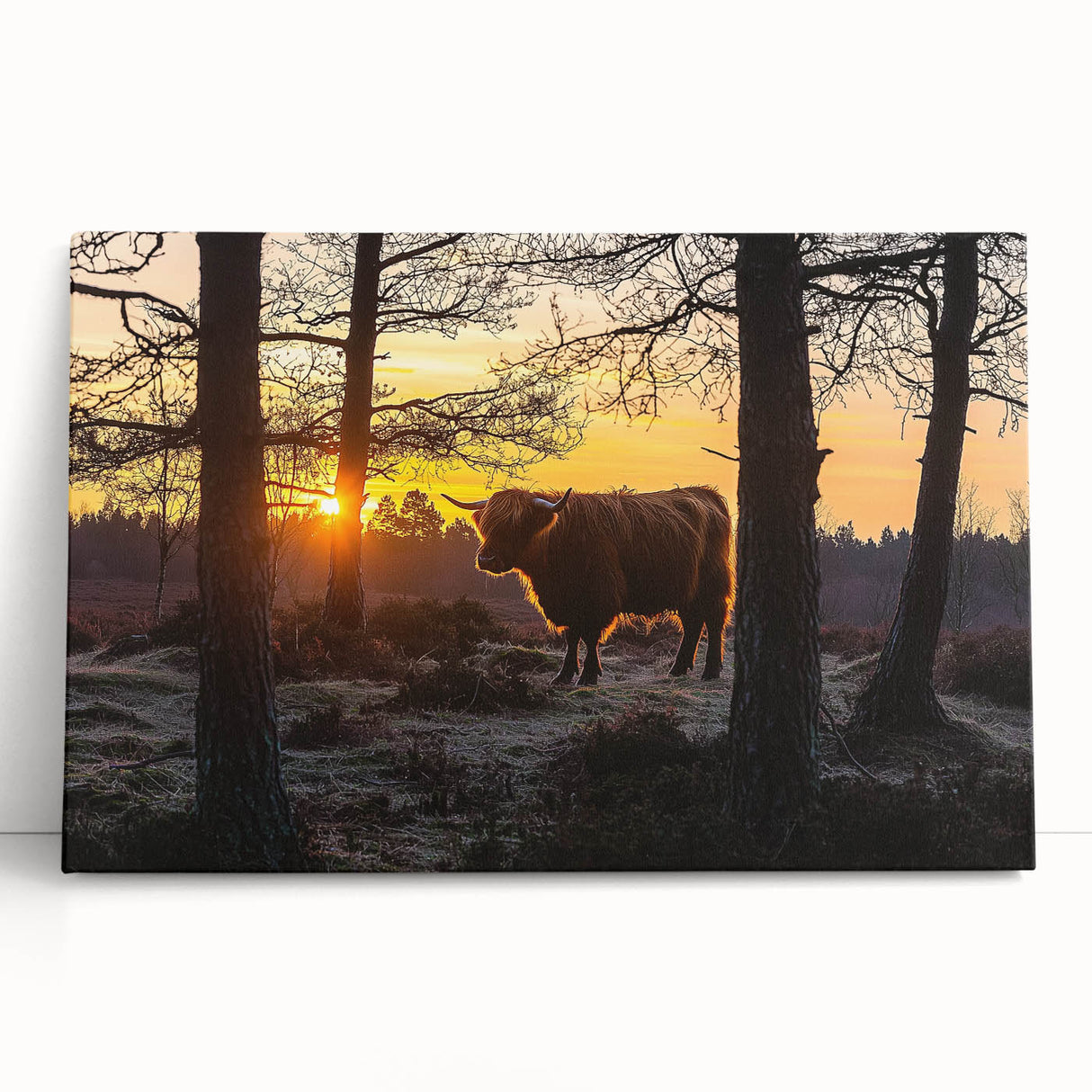 Beautiful stretched canvas artwork depicting a serene countryside landscape with vibrant green fields and a clear blue sky, perfect for home décor.