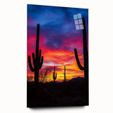 Desert landscape acrylic glass wall art showcasing vibrant orange and yellow hues, elegantly displayed in a side view without pins, perfect for modern decor.