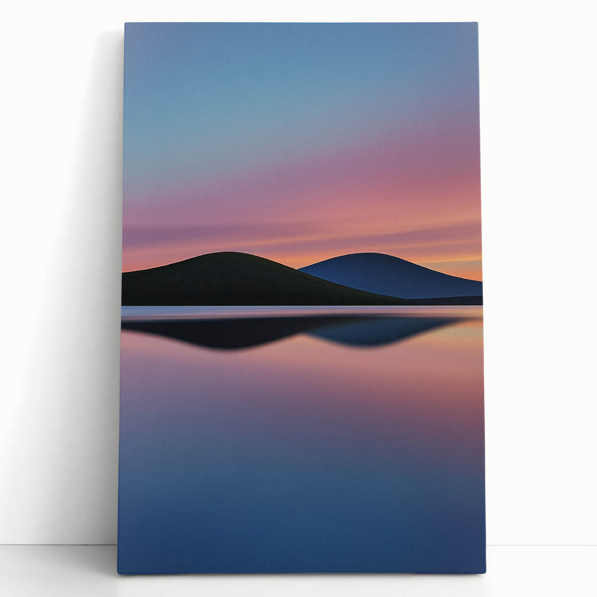 Stretched canvas art depicting vibrant green landscapes and golden fields, leaning against a neutral wall, ideal for home decor and nature-inspired themes.