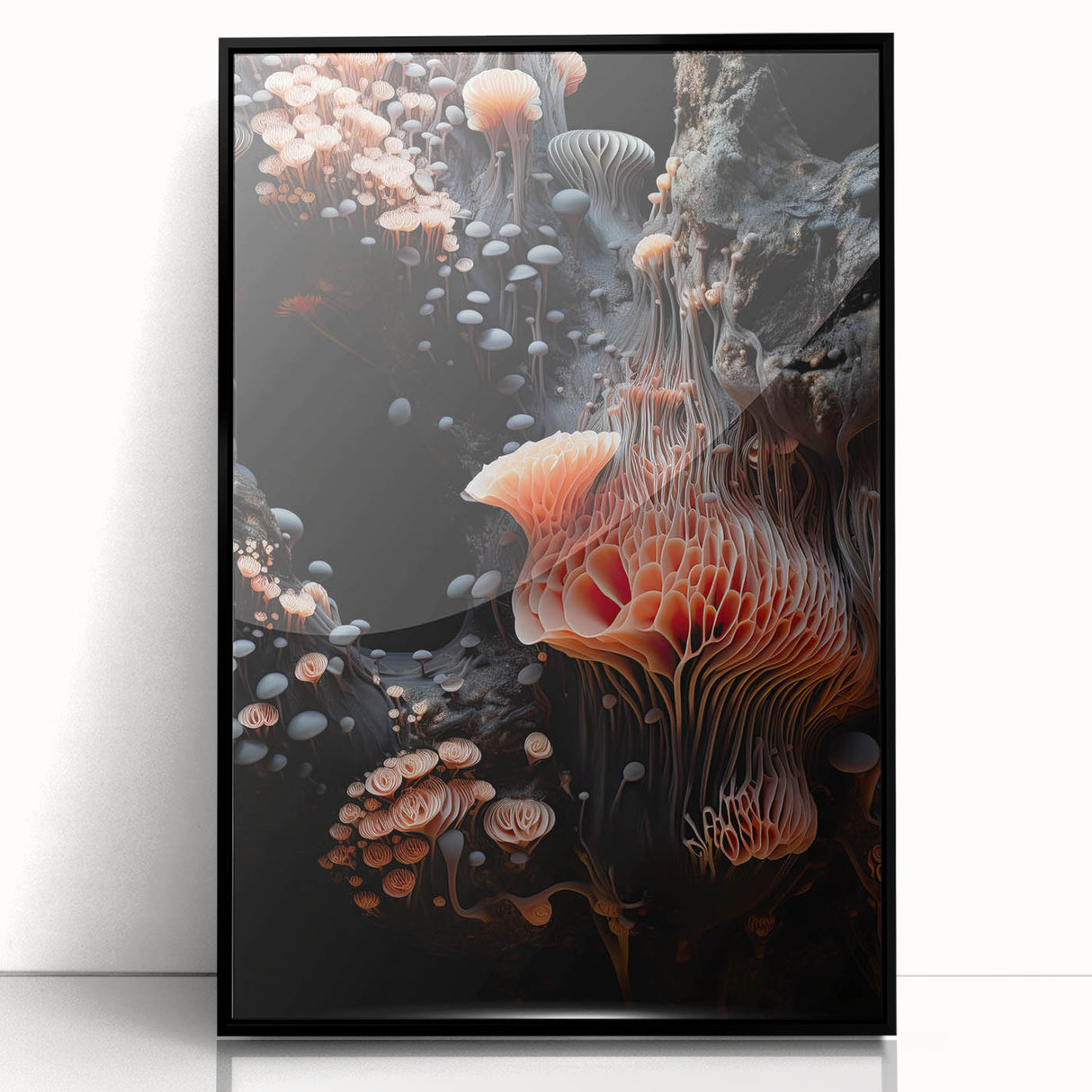Large abstract wall art in black and white, framed in acrylic, suitable for modern living room decor.