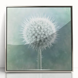 Mid-century modernist floral art in silver frame, featuring vibrant green and pink tones on acrylic.