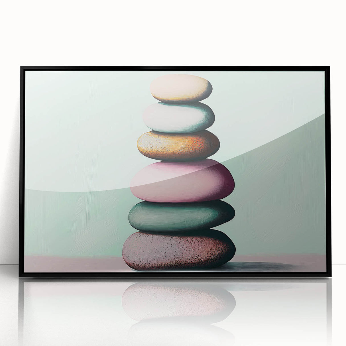 Large abstract wall art depicting nature elements in muted earth tones, framed in black acrylic.