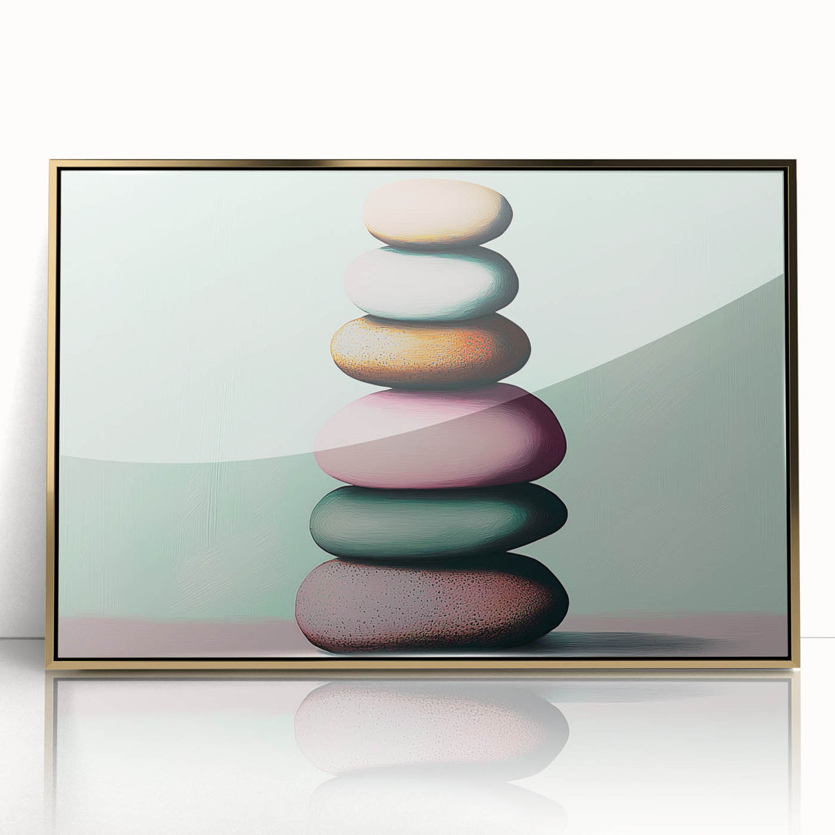 Large art print of a mid-century modernist nature scene in acrylic, framed in gold, ideal for nursery wall decor.