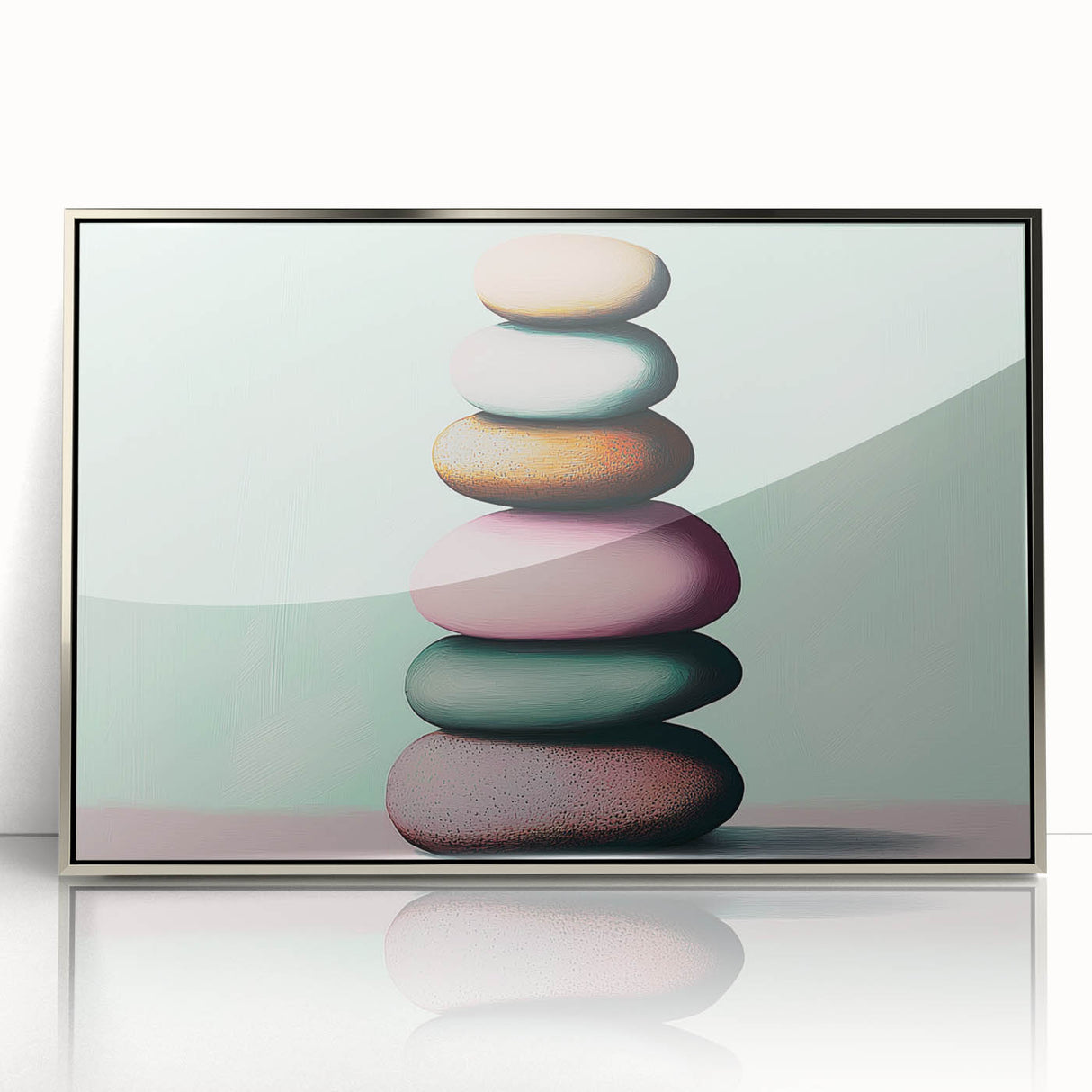 Mid-century modernist art depicting nature elements in muted green and silver tones, framed acrylic.