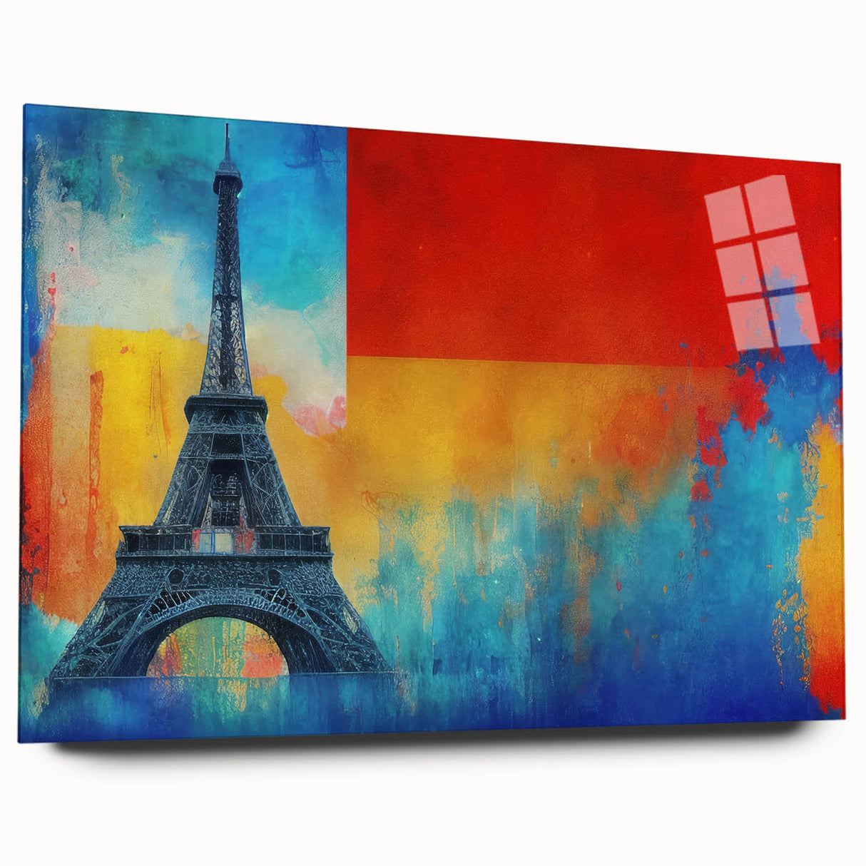 Large acrylic print of an abstract Paris scene in muted gray and blue, ideal for bedroom or dining room art.