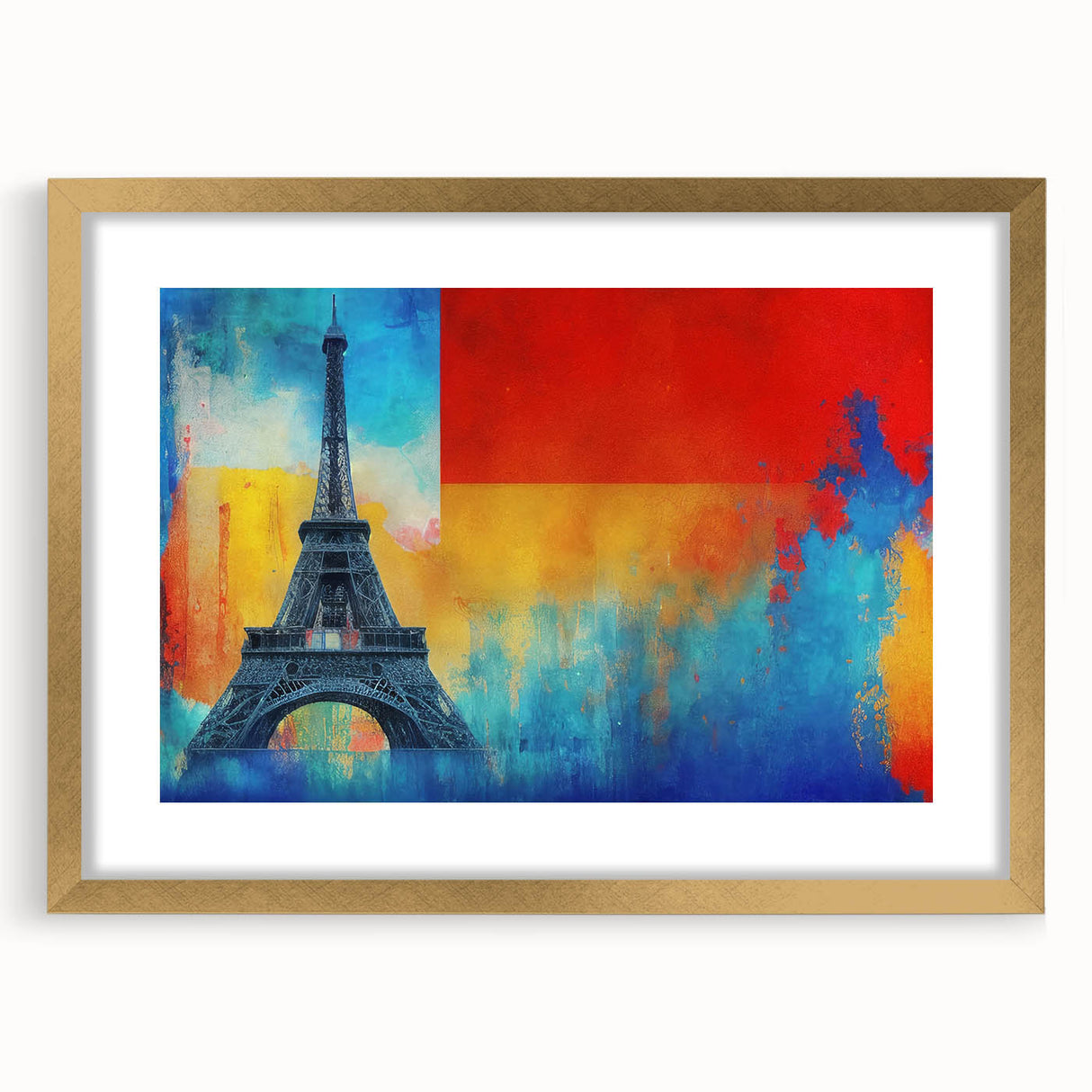 Abstract art print of Paris skyline in muted gold and blue tones on a framed canvas, suitable for dining room decor.