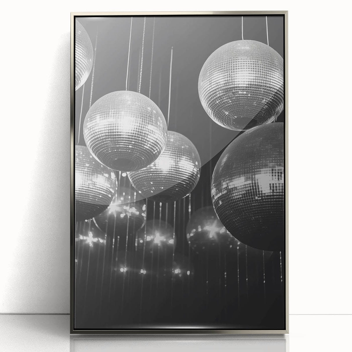 Mid-century modernist art depicting a winter scene in muted blue and white tones, framed in silver acrylic.