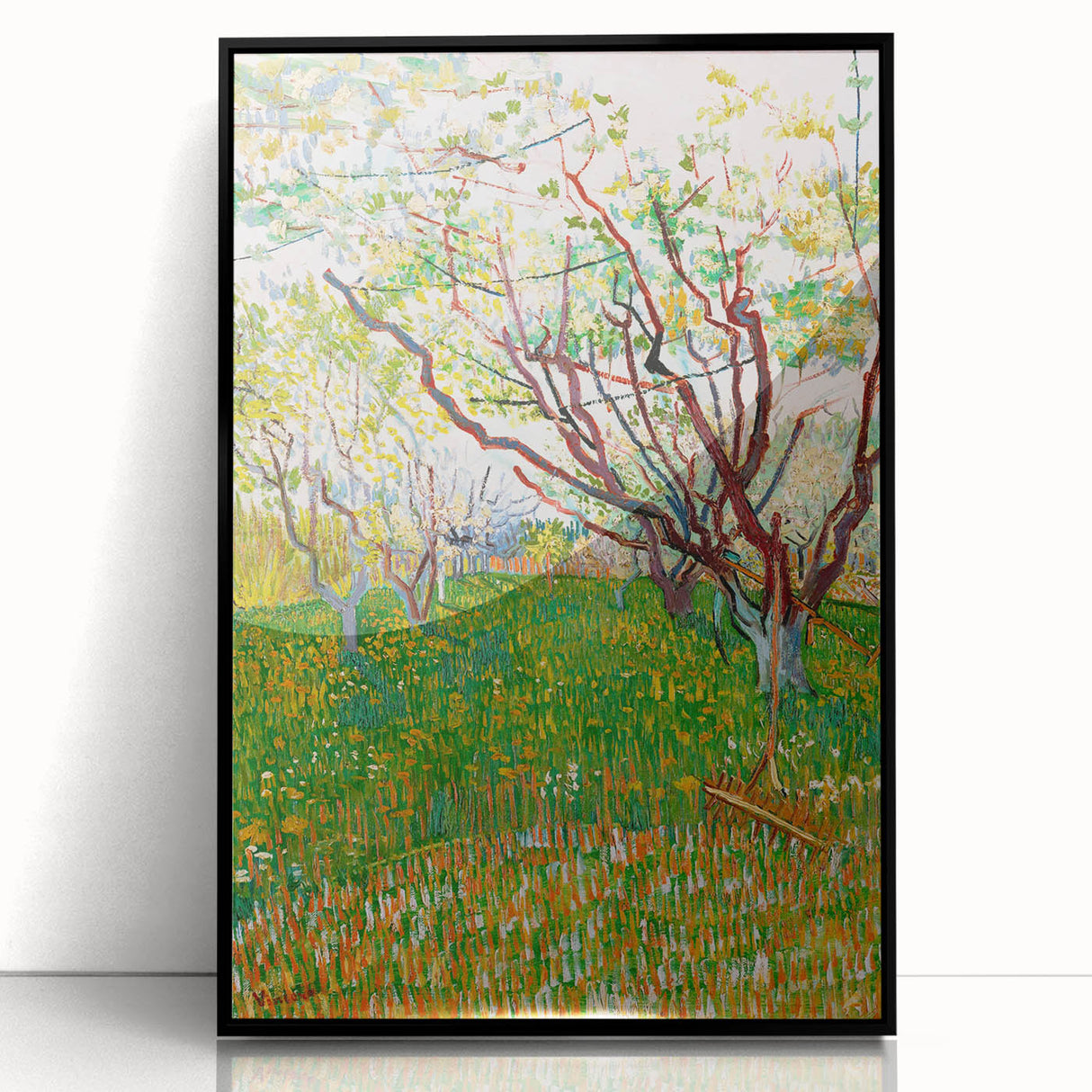 Large abstract wall art featuring swirling blue and yellow patterns on a black acrylic frame.