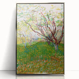 Mid-century modernist art depicting a vibrant cityscape on a silver-framed acrylic print, suitable for modern art wall decor.